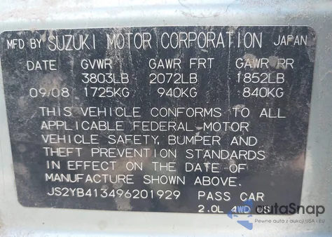 2009 Suzuki Sx4 Technology z USA, uszkodzony, nr VIN JS2YB413496201929